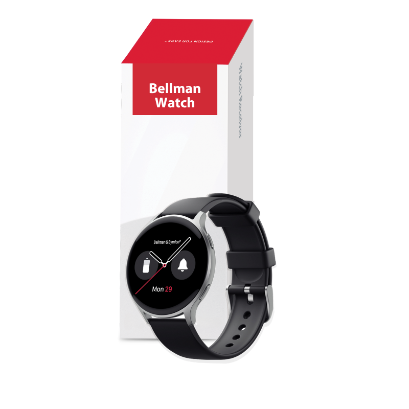Bellman watch with black strap and digital display on a white background
