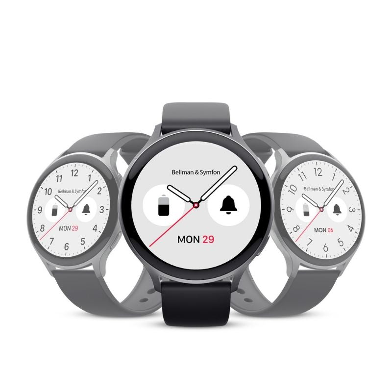 Three smartwatches with different display settings on a white background