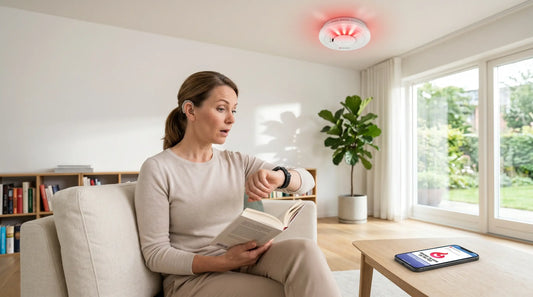 Woman with hearing aid alerted by a flashing smart smoke detector via her smartwatch and smartphone notification.