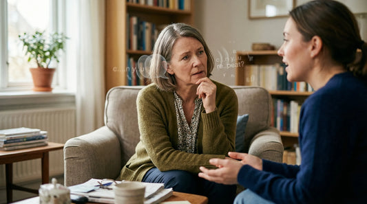An older woman in a green cardigan looks confused while listening to a younger woman. Faded, floating text reads "c...n y..u re..peat?" symbolizing hearing loss. They are in a cozy living room with bookshelves and soft natural lighting.