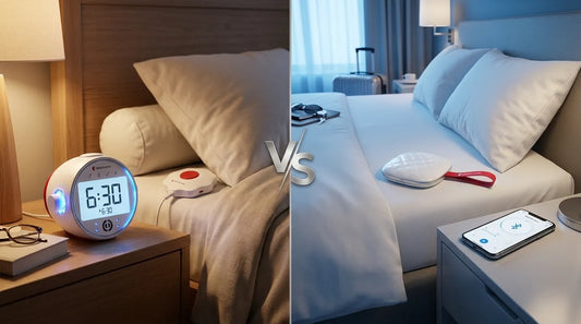 Wired digital alarm clock vs. wireless Bluetooth bed shaker, vibrating alarms for deaf and hard of hearing sleepers.