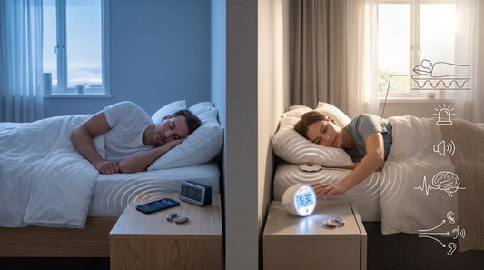 Split-screen of two people waking up with hearing aids and assistive vibrating alarm clocks for the hearing impaired.