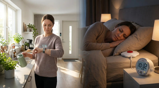 Woman using a vibrating smartwatch and bed shaker alarm system for hearing assistance in the kitchen and bedroom.