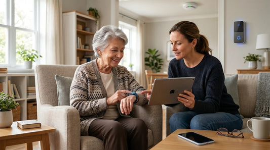 Caregiver helping a senior woman use a medical alert bracelet and tablet for home health monitoring.