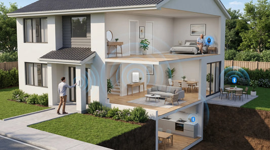 Smart home cutaway showing wireless signals connecting security and automation devices across multiple floors.