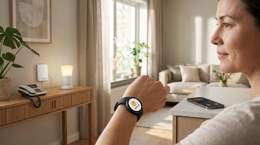 Bellman & Symfon home alert system notifying a woman of a call on her smartwatch and a glowing light receiver in a room.
