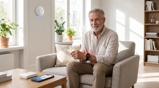 Senior man using a medical alert smartwatch for health monitoring in a modern, smart-equipped living room.