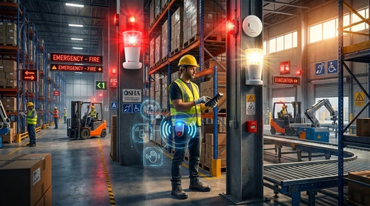 Warehouse worker using a tablet in a smart facility with flashing emergency alert lights and digital safety icons.