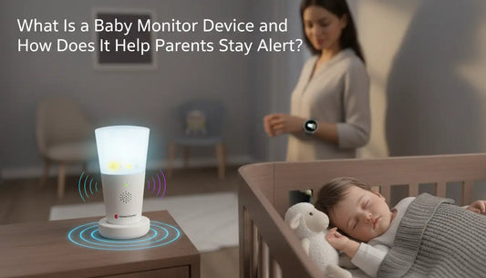 A baby monitor device glows on a nightstand beside a sleeping baby, while a mother checks alerts on her smartwatch synced to the monitor, helping parents stay alert to sounds and safety notifications.