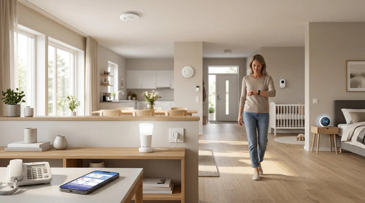 A woman walking through a modern smart home looks at her watch. Visible connected devices include a smartphone displaying an app, a smart plug lamp, wall sensors, a baby monitor, and a glowing nightstand display.