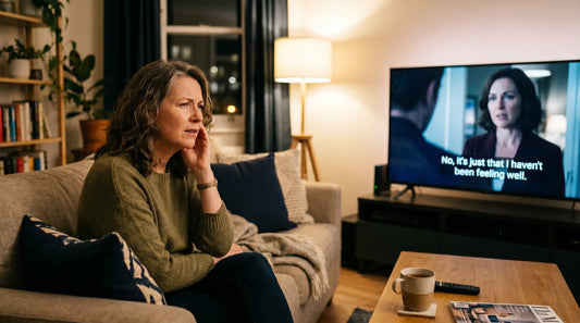 A woman in a green sweater sits on a couch, looking concerned while watching TV with subtitles. The cozy, dimly lit living room features a bookshelf, a warm floor lamp, and a coffee table with a mug. The TV shows a dramatic scene with dialogue.