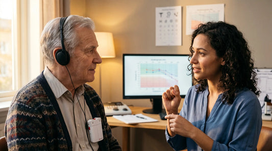 An elderly man wearing headphones and a hearing device sits in a clinic, looking at a female specialist who is using sign language. An audiogram is visible on a computer monitor in the background of the warm, professional medical office setting.