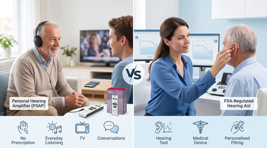 Comparison of a personal hearing amplifier (PSAP) for daily use versus a professionally fitted FDA-regulated hearing aid.