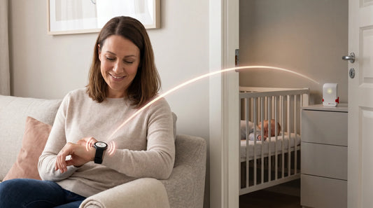 Mother smiles at her smartwatch baby monitor alert as her infant sleeps in a crib in the nursery.