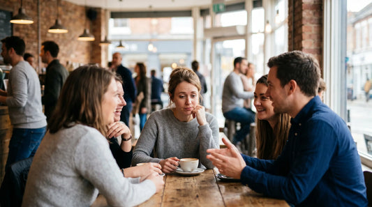 A group of friends talks and laughs in a sunny cafe, while one woman in the center looks downcast and disconnected. Her pensive expression contrasts with the lively atmosphere, illustrating the social isolation caused by hearing loss.