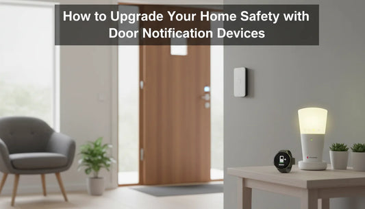 Modern smart home interior with a glowing door alert light on a side table, a smartwatch displaying a door icon, and a wall-mounted sensor. Text overlay: “How to Upgrade Your Home Safety with Door Notification Devices.”