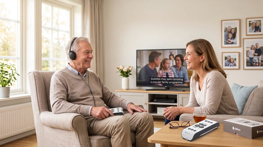 Senior man using a Bellman & Symfon personal amplifier and headphones to chat with family while watching TV.