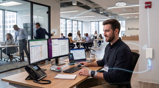 Bellman integrated office safety system connecting a panic button, smoke alarm, and smartwatch for employee security.