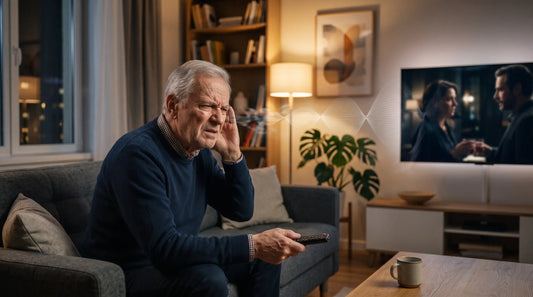 Senior man struggling with hearing loss while watching TV, cupping his hand over his ear.