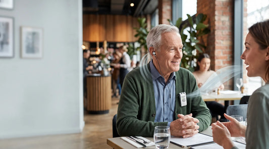 Senior man using a personal sound amplifier and earphones in a cafe to hear a companion's conversation.