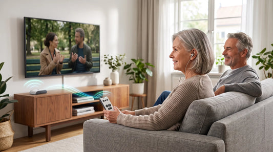 Senior woman using an assistive TV listening system with earphones while watching television with her husband.