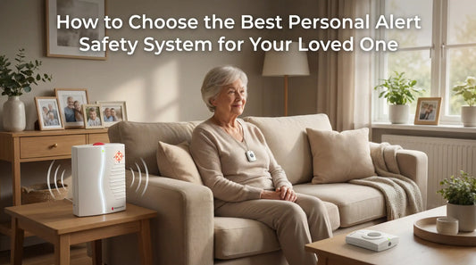 Elderly woman wearing a medical alert pendant on a sofa near a base station. Text: How to Choose the Best Personal Alert Safety System for Your Loved One.