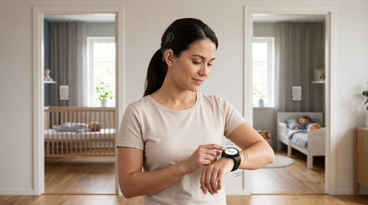 Woman with a cochlear implant checking a smartwatch alert from a baby monitor while her children sleep.