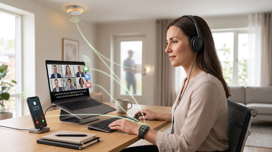 Woman on a video call in a smart home office with interconnected devices like a laptop, smartwatch, and smartphone.