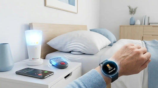 Smartwatch and wireless alerting system for deaf homes. A glowing bedside receiver and vibrating pager on a nightstand sync with a smartphone to signal an incoming call via blue signal waves, ensuring home safety and connectivity for users.