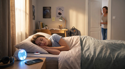 Teenage girl sleeping in bed with a digital alarm clock and bed shaker as her mother peeks into the room.