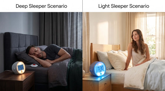 Comparison of deep and light sleeper scenarios using a loud alarm clock with a bed shaker and wake-up light.