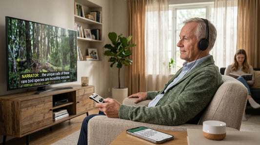 An older man with headphones is using a universal remote to watch a nature documentary with narration subtitles. A young woman reads in the background, and a phone with an app is nearby.