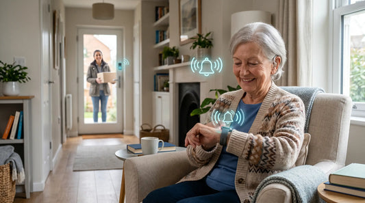 Senior woman with hearing aid receives a smart doorbell alert on her smartwatch as a delivery person arrives.