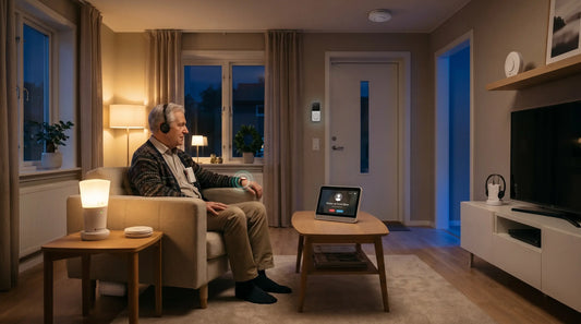 Senior man using smart home assistive technology and a video doorbell display for safe independent living at home.
