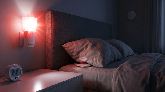 A dimly lit bedroom shows an assistive alerting system in action. A wall-mounted unit glows bright red, and a digital clock sits on a nightstand. Under a pillow, a vibrating bed shaker emits light and pulse lines to wake a sleeper.