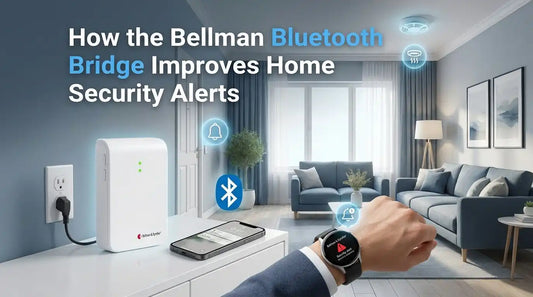 A visual guide showing the Bellman Bluetooth Bridge connecting a home smoke detector and smartphone to a smartwatch to provide instant security alerts.