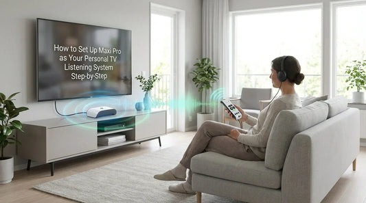 Woman on couch wearing headphones, holding Maxi Pro remote. TV displays "How to Set Up Maxi Pro as Your Personal TV Listening System Step-by-Step". Base station on TV unit sends blue sound waves. Bright modern living room