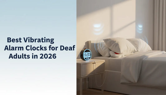 Digital vibrating alarm clock on a nightstand with a bed shaker attachment tucked under a pillow. Text reads: Best Vibrating Alarm Clocks for Deaf Adults in 2026