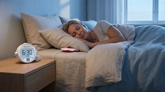 Woman sleeping in bed next to a white alarm clock and a vibrating bed shaker device tucked under her pillow.