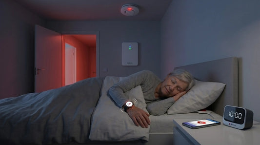 Senior woman sleeping as a vibrating medical alert watch and smoke detector trigger an emergency notification.