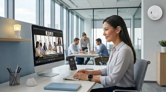 Woman using a hearing aid and live captions for a video meeting on a desktop computer in a bright office.
