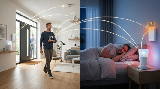 Bellman & Symfon smart home alert system for hearing loss showing visual and tactile notifications day and night.