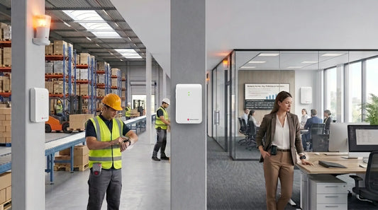 Smart workplace notification system for warehouse and office settings featuring wearable alerts and visual indicators.