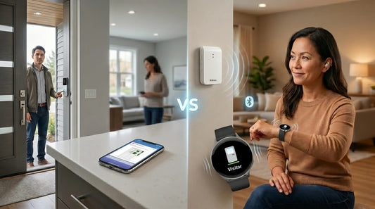 Accessible smart home system showing a visitor notification on a woman's smartwatch from a video doorbell.