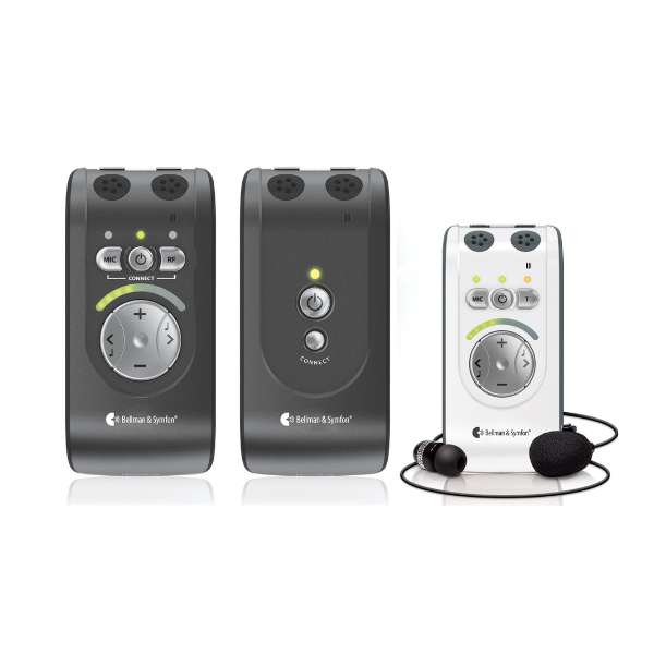 Three Bellman & Symfon personal amplifiers shown side by side, with two charcoal grey units and one white unit featuring an attached lapel microphone, circular control pad, power buttons, and indicator lights.