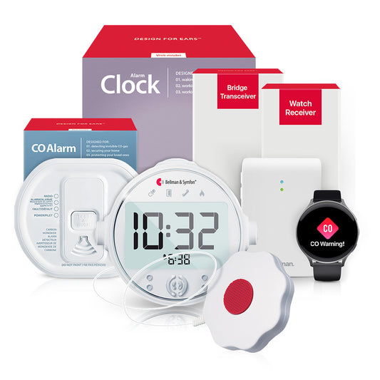 Carbon Monoxide Alarm Notification System with Alarm Clock Receiver, Bed Shaker, Bridge, and Watch Receiver