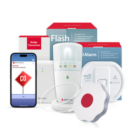 Carbon Monoxide Monitoring System with Bluetooth Bridge, Flash Receiver, and Bed Shaker