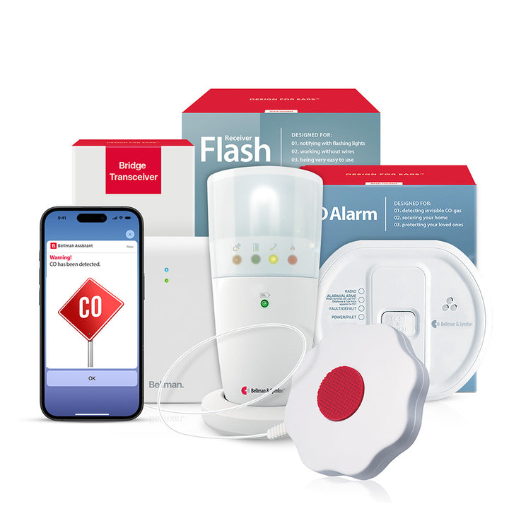 Carbon Monoxide Monitoring System with Bluetooth Bridge, Flash Receiver, and Bed Shaker