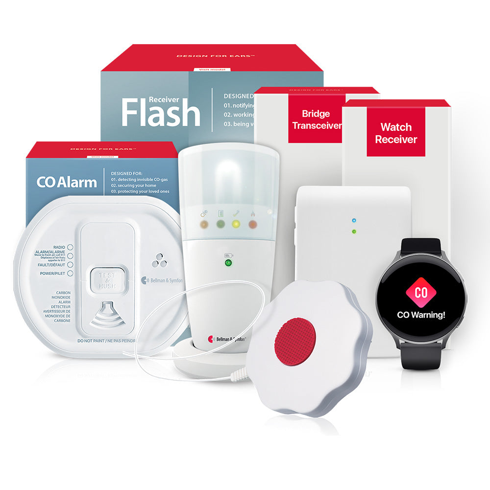 Carbon Monoxide Alarm Notification System with Flash Receiver, Bed Shaker, Bridge, and Watch Receiver