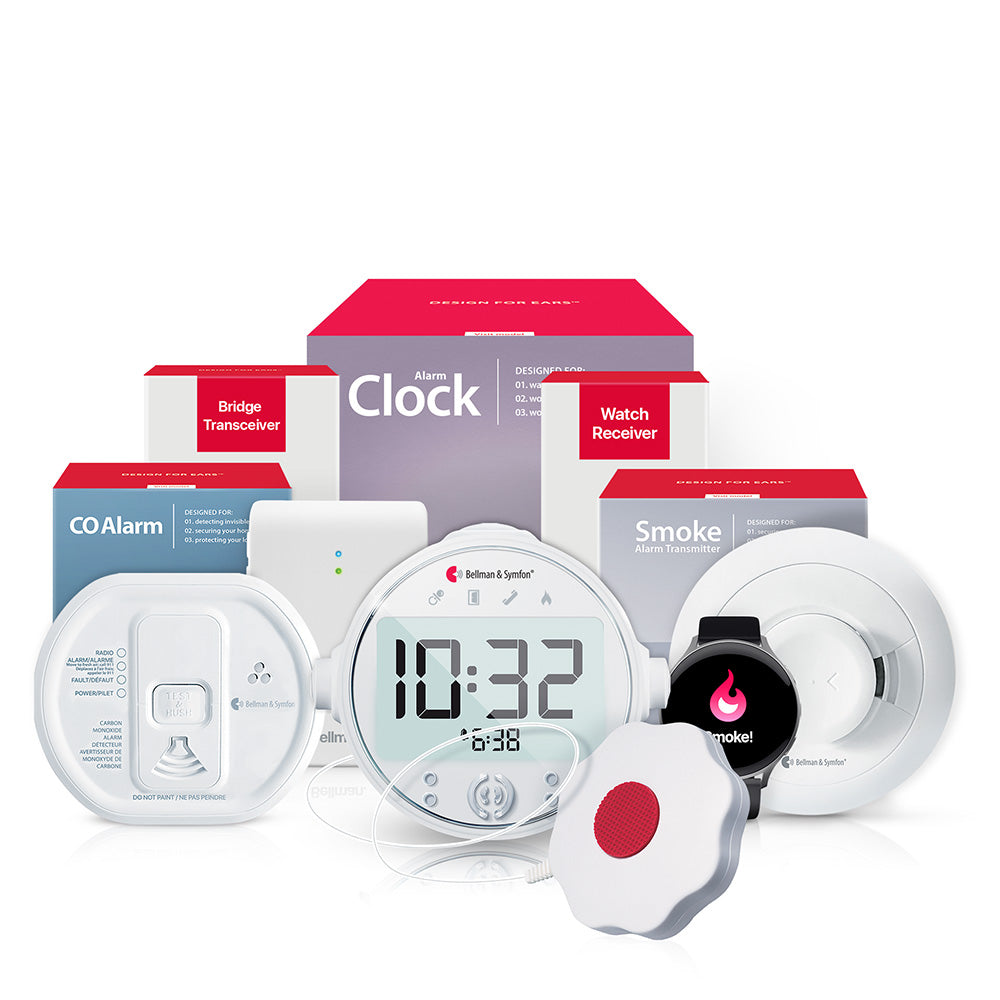 Smoke/Fire and Carbon Monoxide Alarm Notification System with Alarm Clock Receiver, Bed Shaker, Bridge, and Watch Receiver